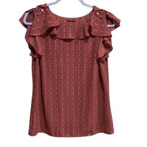 Worthington Deep Coral Ruffle Flutter Sleeve Blouse Small Medallion Print‎